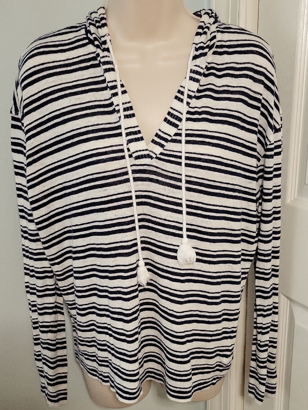 Tahari Navy and White Striped Linen Hooded Top Size Large